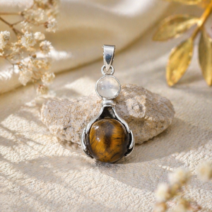 Pendentif Œil de Tigre & Pierre de Lune – Style Argent – Mixte